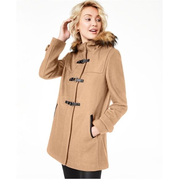 Cole Haan Camel Faux-Fur-Trimmed Hooded Walker Coat 4 Petite NWT - Picture 1 of 9